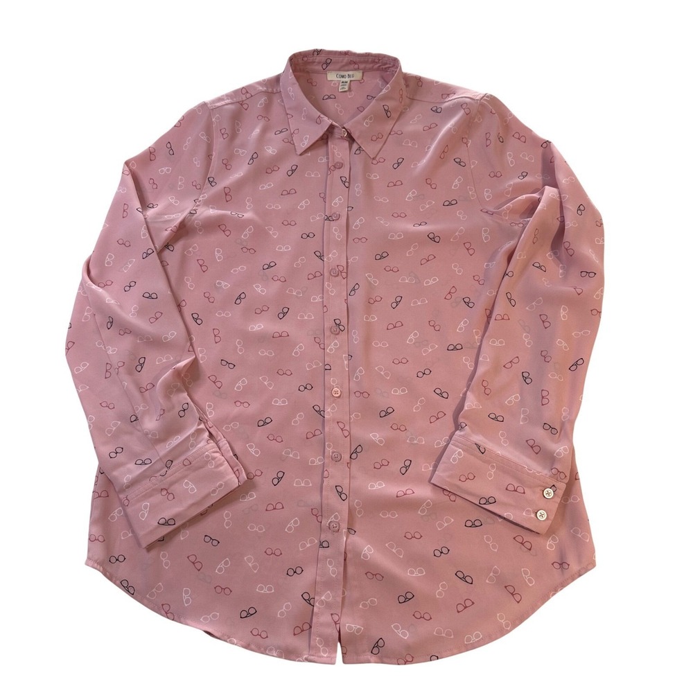 Women's Pink Glasses Print Button Down Shirt Size Medium eye doctor shirt blouse